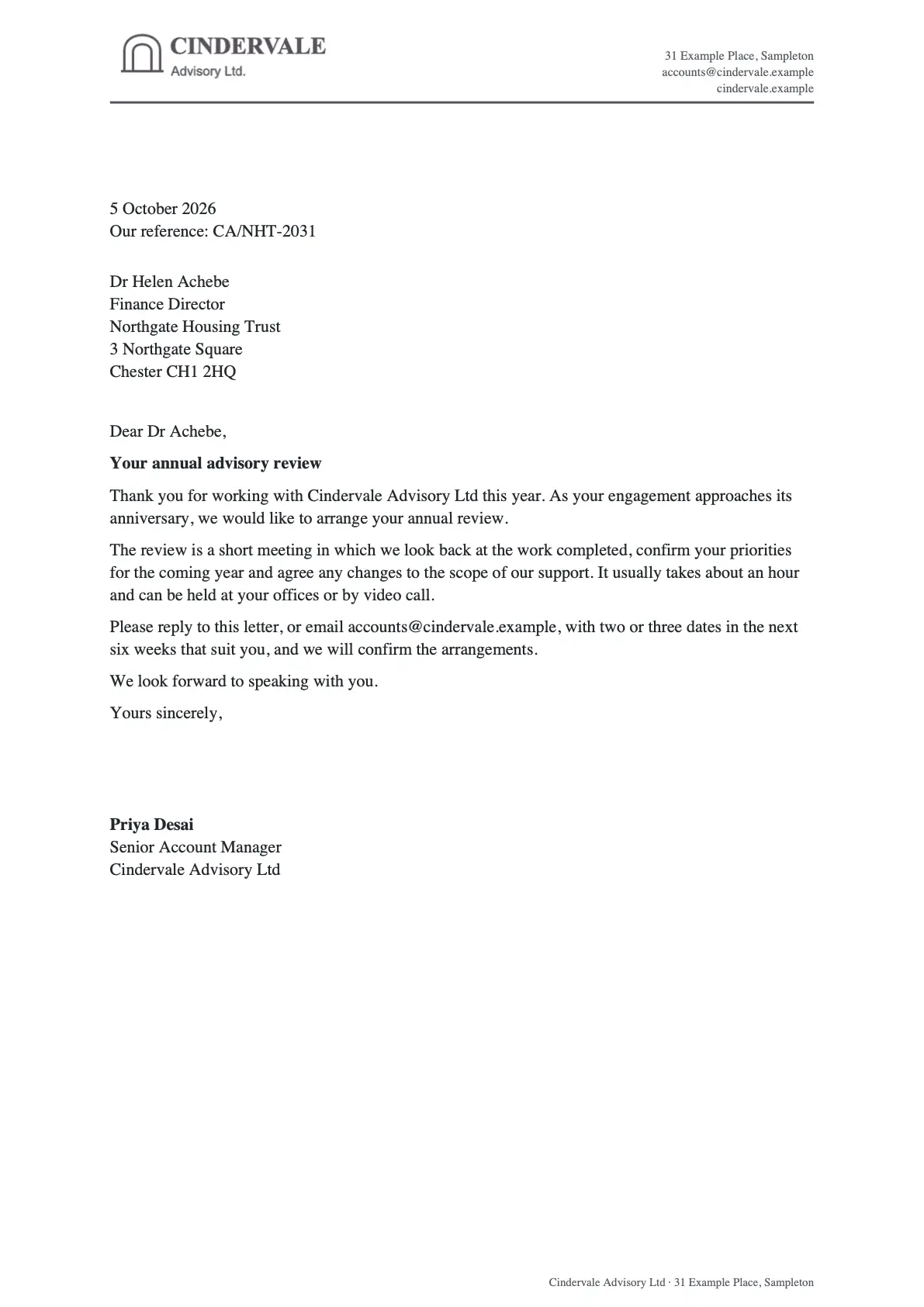 A one-page letter generated by Docable for the sample brand Cindervale: letterhead, the recipient's address, the date and reference, and a signed closing.