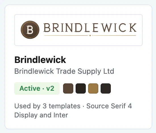 The Brindlewick card in the Brand Kits gallery: its logo, an Active badge with the approved version, its colour swatches, and how many templates use it with which fonts.