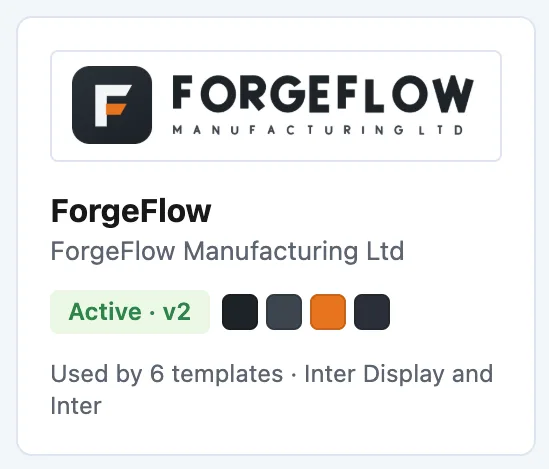 The ForgeFlow card in the Brand Kits gallery: its logo, an Active badge with the approved version, its colour swatches, and how many templates use it with which fonts.