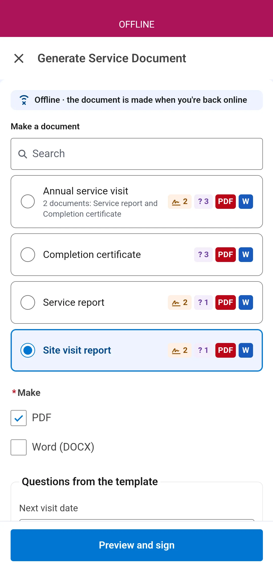 The Field Service mobile app with no signal, marked OFFLINE: Generate Service Document with the line Offline, the document is made when you're back online, and the documents for the job: Annual service visit, Completion certificate, Service report and Site visit report, selected, with its two signatures and one question badges, then Make with PDF ticked and Preview and sign.