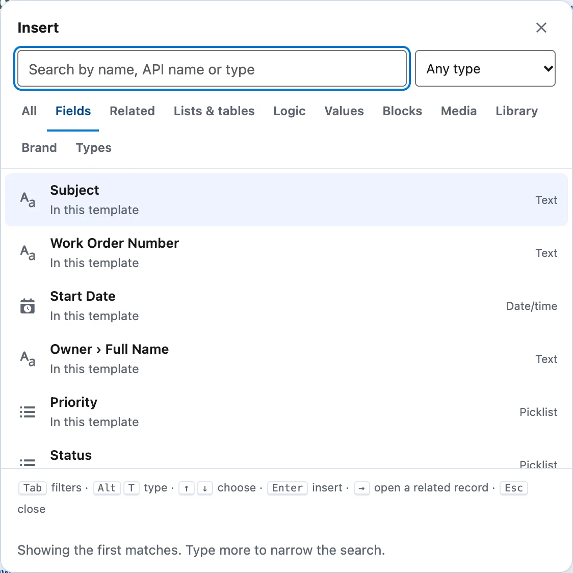 The Insert picker in the Docable editor on its Fields tab: Subject, Work Order Number, Start Date, Owner › Full Name, Priority and Status, each marked In this template with its type, Text, Date/time or Picklist.