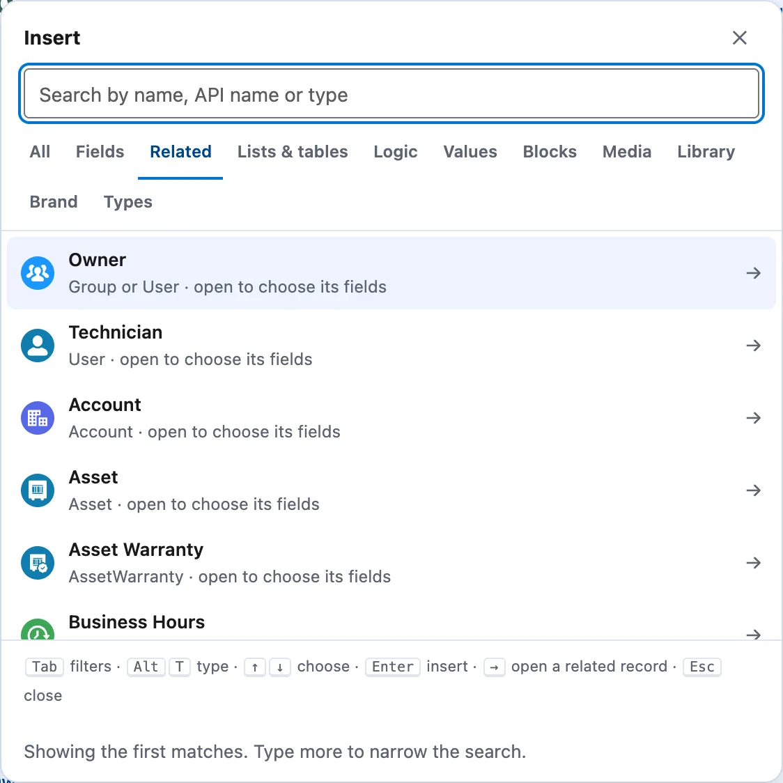 The Insert picker's Related tab on a Work Order: Owner, Technician, Account, Asset, Asset Warranty and Business Hours, each with Open to choose its fields.