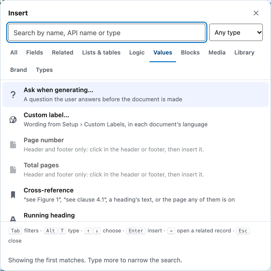 The Insert picker's Values tab: Ask when generating, Custom label, Page number, Total pages, Cross-reference and Running heading.