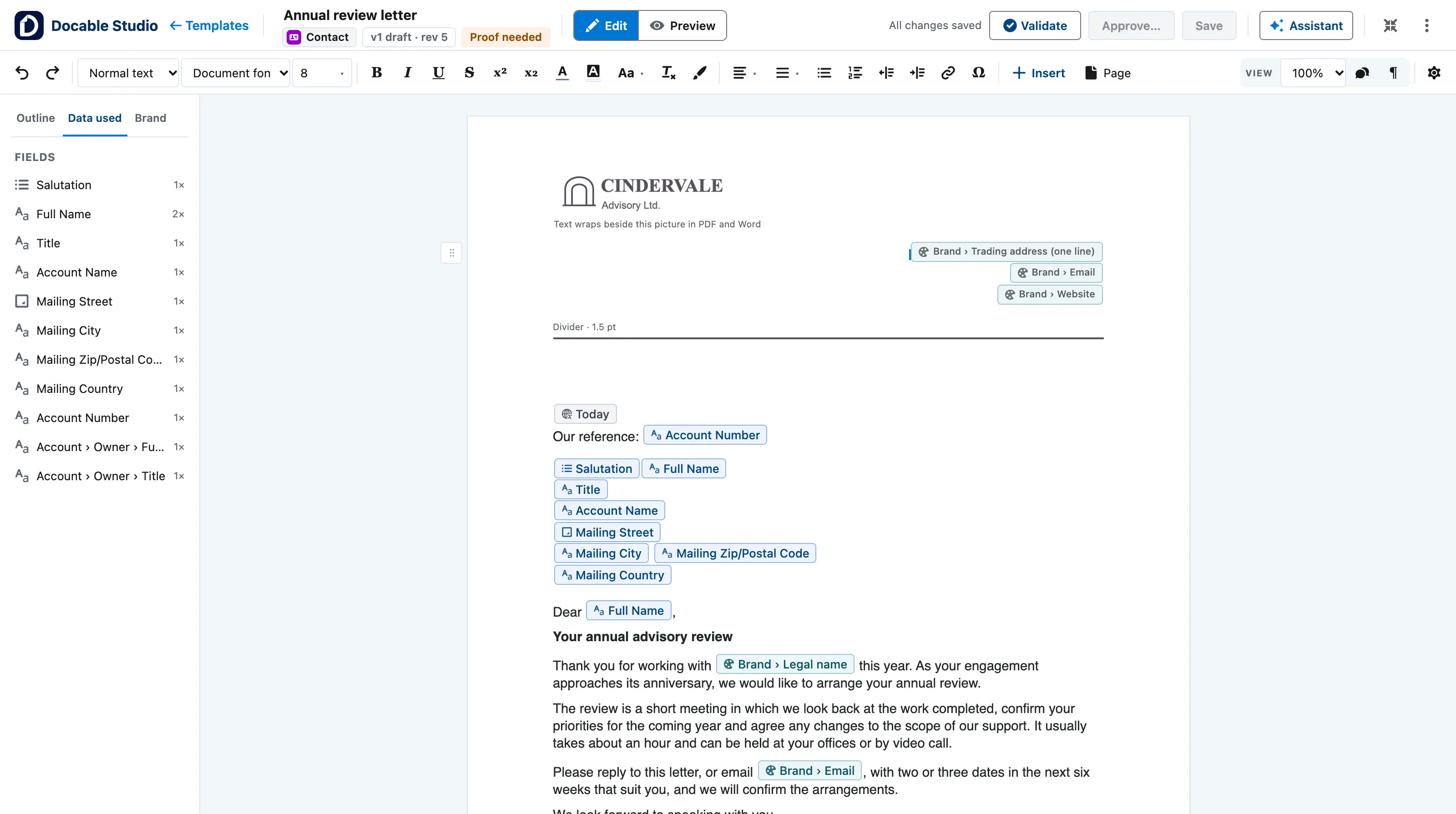 The Docable Studio editor with a customer letter open: a Word-style toolbar, the fields the letter uses listed on the left, the Cindervale letterhead, and Salesforce fields such as Full Name, Account Name and the mailing address sitting in the text as chips.