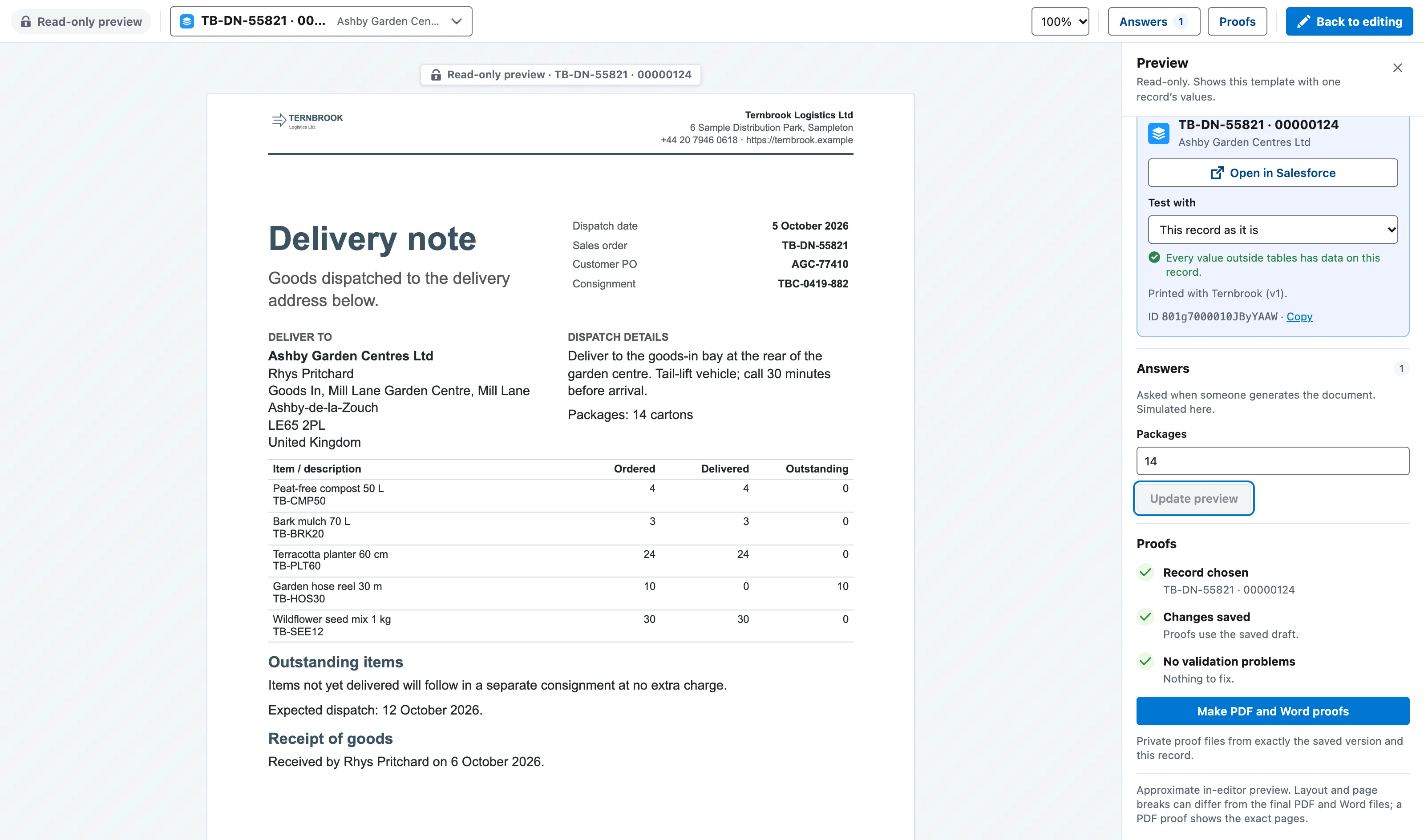 Docable Studio previewing a Ternbrook delivery note on order TB-DN-55821 for Ashby Garden Centres Ltd: the filled-in page with the delivery address, ordered, delivered and outstanding quantities and an Outstanding items section, and a panel with the record, the answer asked at generation and the proof checks with a Make PDF and Word proofs button.