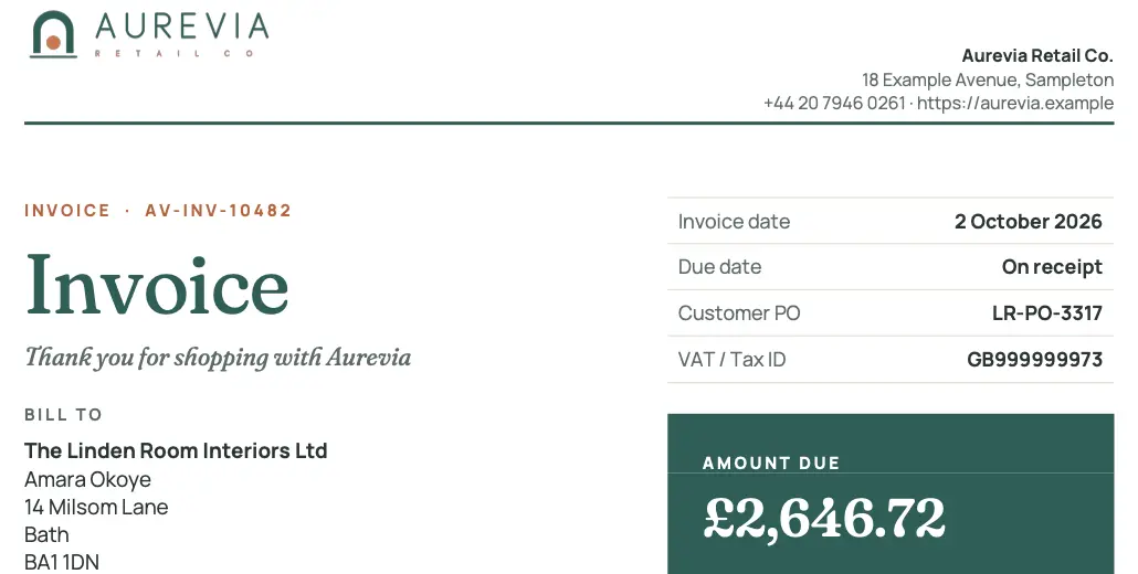 The top of a generated Aurevia invoice: the kit's logo and company details in the letterhead, a serif Invoice title, the invoice details and a sage Amount due card of 2,646.72 pounds.
