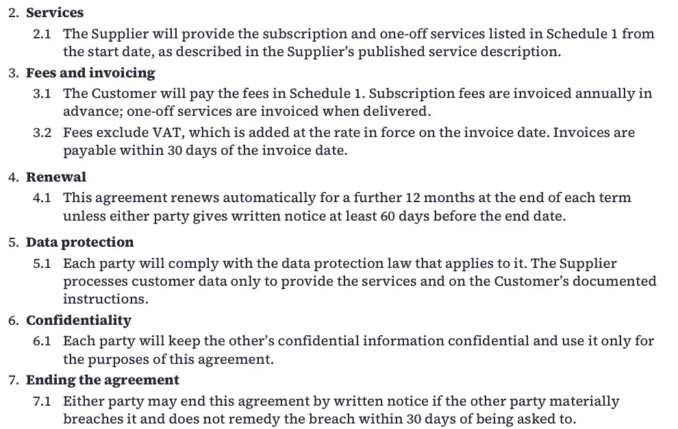 Numbered clauses in a generated Velmora service agreement: clause headings numbered 2 to 7, each with numbered sub-clauses such as 2.1 and 3.2.